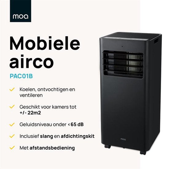 MOA Mobile Air Conditioner - 7 000 BTU - Climatiseur - télécommande - Classe énergétique A - Kits d'étanchéité pour fenêtres - Chambre à coucher - Salon - jusqu'à 60 m³ de refroidissement - ventilateur et déshumidificateur - Noir