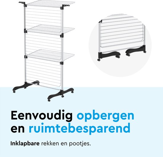 BRASQ Drying Tower Collapsible 3 Layers - Drying Length 36 Metres - Laundry Rack with Wheels and Holders - Drying Rack - Laundry Tower 77x73x140 cm