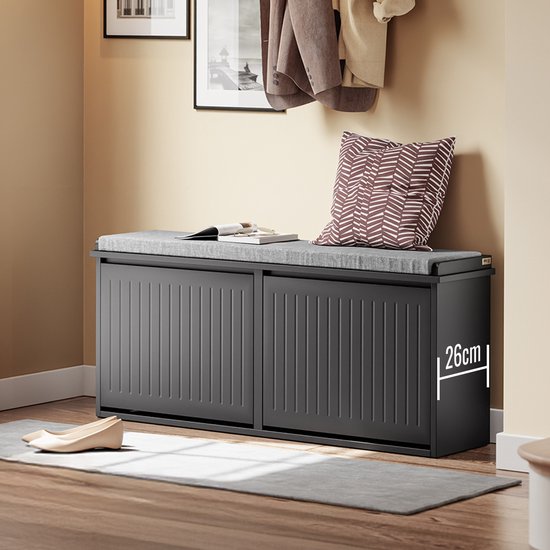 SoBuy Banc à chaussures avec coussin rembourré - Meuble à chaussures avec 2 abattants - Meuble de rangement pour chaussures - Noir, 100x26x46 cm, FSR98-XL-SCH