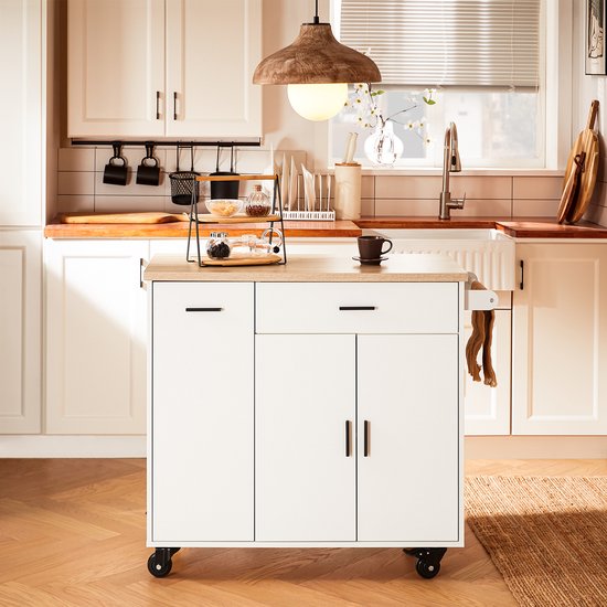SoBuy îlot de cuisine avec 2 tiroirs et 2 portes - Meuble de cuisine multifonction, blanc, 105 x 46 x 92 cm, FKW126-WN