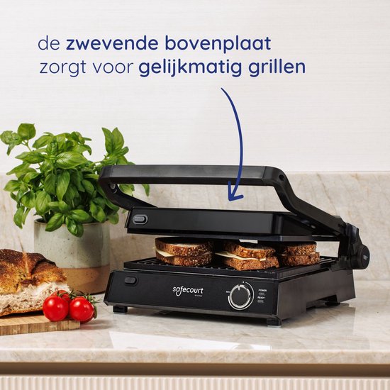 Safecourt Kitchen - Contact Grill 3-en-1 - Grille-pain, grille-pain et plaque de gril - Plaques amovibles - Sans PFAS - Noir