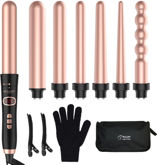Bestope Fer à boucler 6 en 1 avec accessoires - Fer à boucler en céramique - 13 à 32mm - Rose gold