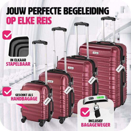 tectake® - Ensemble de valises à coque dure 4 pièces - Ensemble de valises de voyage à roulettes - ABS - Poignée télescopique et serrure - Pèse-bagages inclus - Tailles des trolleys S-M-L-XL - Rouge