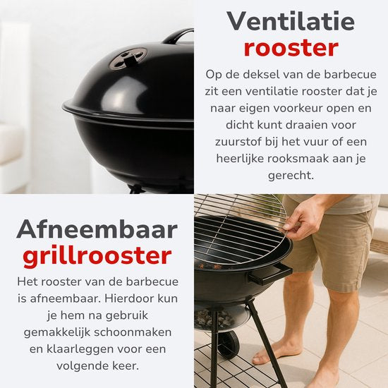 alpina Charcoal BBQ - Barbecue à boule Ø43 cm - Barbecue avec couvercle et roues - Système de ventilation intégré - Cendrier amovible - Noir