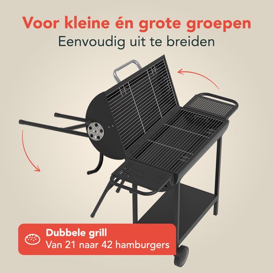 KitchenBrothers 2-in-1 Charcoal BBQ XL - Events réglables - Double BBQ - Tables d'appoint - Grill grill BBQ - Noir