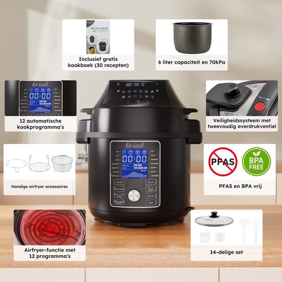 Multicuiseur avec Airfryer - 15 pièces - 6L - 24 programmes automatiques - Mijoteuse, cuiseur de riz, cuiseur vapeur, autocuiseur - Gris - de Saaf