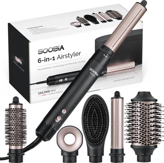 Soosia 6-in-1 Airstyler - Sèche-cheveux et fer à friser - Sèche-cheveux - Multistyler - Brosse à cheveux et brosse à boucler - Enveloppe pour cheveux