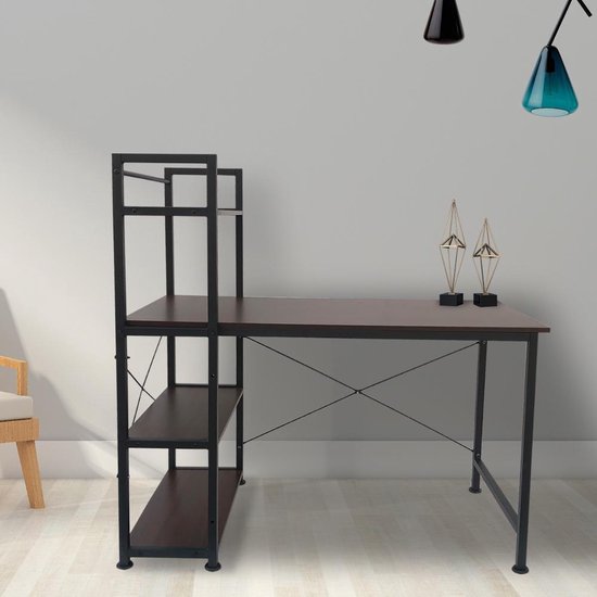 Bureau table informatique Robuste - 3 étagères de rangement - industriel vintage marron - métal bois