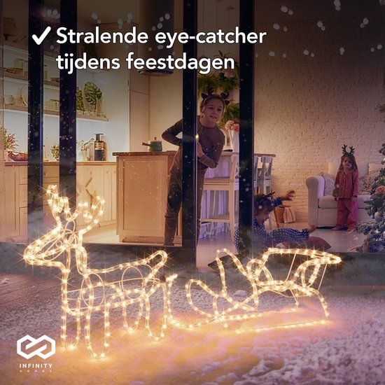 Infinity Goods Renne avec traîneau - Lumières de Noël - Figure LED d'intérieur et d'extérieur - Décorations de Noël - Guirlande lumineuse 3D - Noël - Blanc chaud