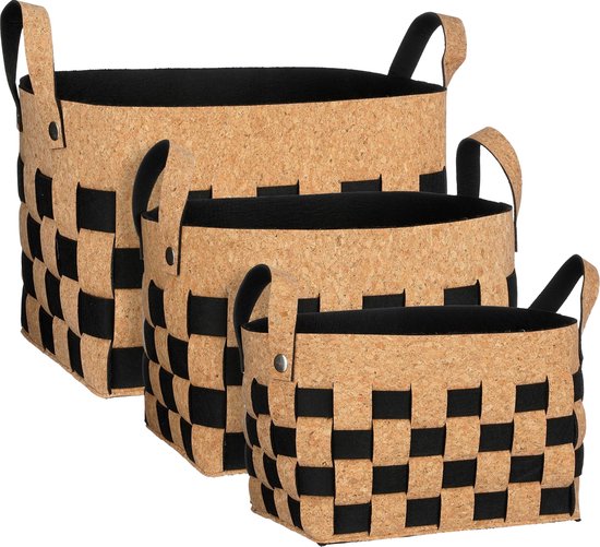 Panier de rangement pour décorations Mica - Lot de 3 - L40 x L30 x H30 cm - liège/feutre - noir