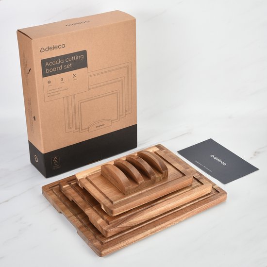 Deleca 3-Piece Cutting Board Set with Holder (40x30 / 33x24 / 26x18 cm) - Pour la cuisine, planches à découper, planches de service, planches à fromage, planches à boire et planches à tapas - Planche à découper en bois d'acacia
