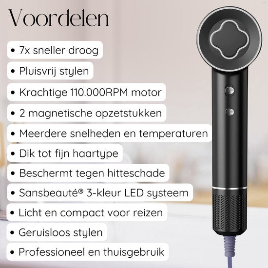 Sansbeauté® Sèche-cheveux avec diffuseur - Boucles - 110 000 tr/min - Sèche-cheveux ionique avec brosse - 3 niveaux - 3 accessoires - Sèche-cheveux de voyage - Coolshot - Sèche-cheveux avec diffuseur - Sèche-cheveux - 2000W - EssentiaPRO®.