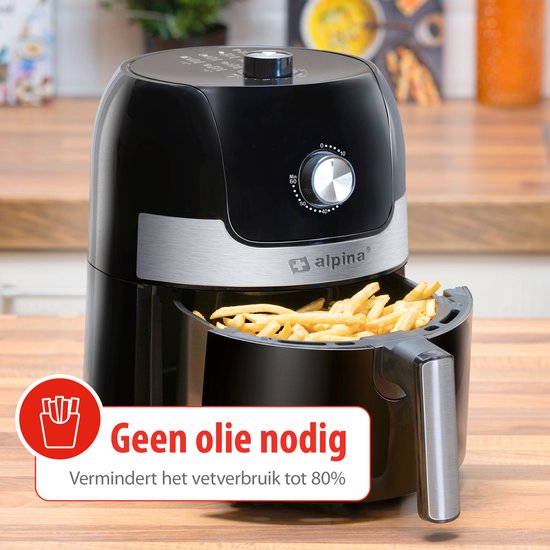 alpina Airfryer 3.5L - Friteuse à air chaud 2 à 3 personnes - Friteuse à air avec température réglable de 80 à 200°C - Four à air chaud Minuteur jusqu'à 60 minutes - 1400W - Noir