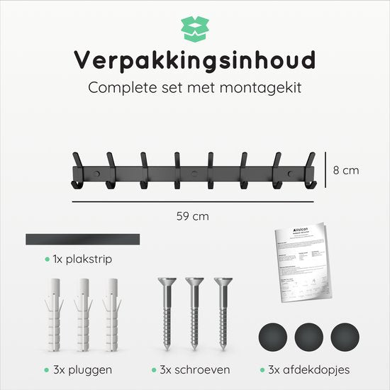 Porte-manteau mural Volcan - 16 crochets - Acier inoxydable - Porte-manteau mural - Industriel - Ruban adhésif 3M - Noir