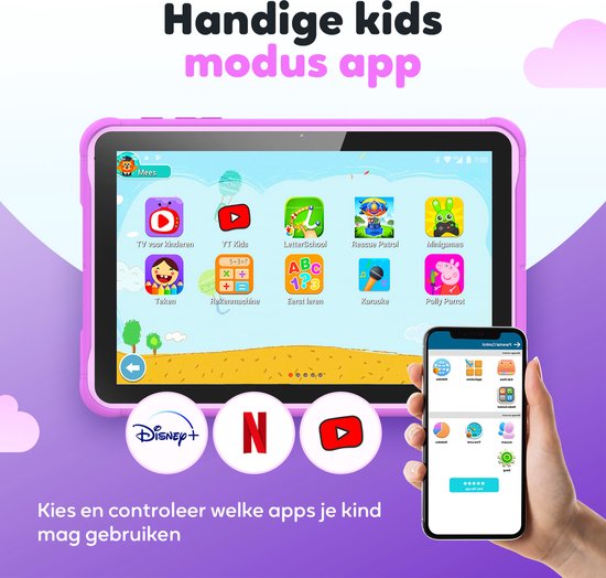 Tablette enfant Spoused - 10,1 pouces - Tablette enfant à partir de 3 ans - 64 Go - 4 Go RAM - Batterie 6000 mAh - Housse de protection et application de contrôle parental incluses - Violet