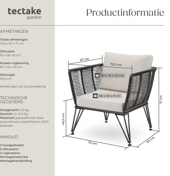 tectake® 2-Piece Set Garden Lounge Armairs Sundo in Rope-Design - Comfort and Style - lounge chairs