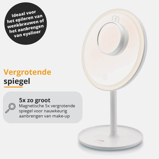 ETA Fenité Miroir de maquillage avec éclairage - grossit 5 fois par magnétisme - inclinable et rechargeable via USB-C - couleur de la lumière réglable - Ø20 cm - blanc