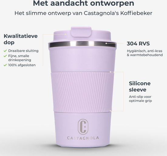 Castagnola Thermos Cup - Coffee Mug To Go - Travel Mug for Coffee and Tea - Tea Mug - 380 ML - stainless steel - Light Purple