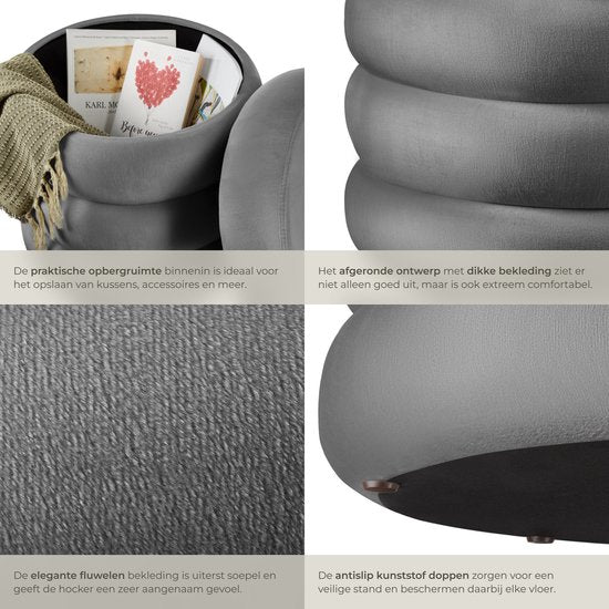 tectake® Tabouret avec rangement - Tabouret scandinave en tissu velours - Tabouret rond rembourré pour coiffeuse, chambre, salon ou comme meuble d'entrée - Tabouret de rangement - gris