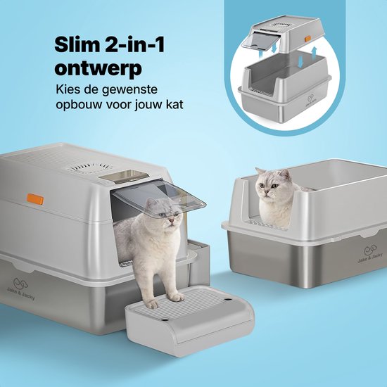 Bac à litière en acier inoxydable Jake and Jacky - Toilette pour chat en acier inoxydable - avec pelle à litière et support et marche de ramassage des gravillons - bac à litière ouvert 2 en 1 avec couvercle amovible - 60x40x38cm