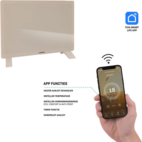 VONROC Chauffage électrique de luxe - Convecteur avec panneau en verre - 750W/1500W - Chauffe les pièces jusqu'à 18m2 - Contrôlé par l'application (via Wifi) et manuellement - Thermostat et minuterie réglables - Beige