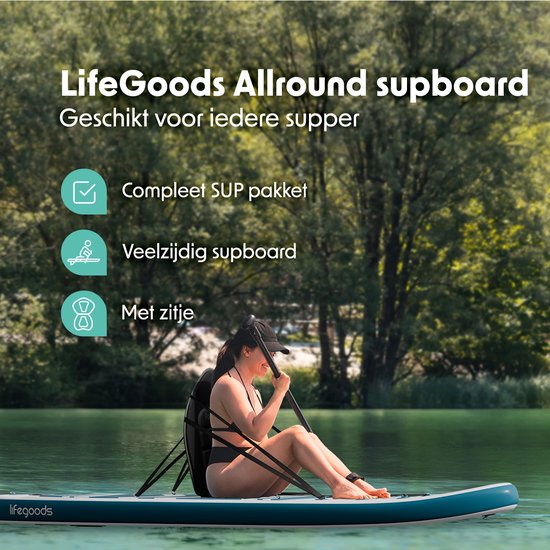 LifeGoods PaddlePro SUP Board - avec siège - Planche à pagaie gonflable - Ensemble complet - Max. 135KG - 320x81cm - Blanc/Aqua profond