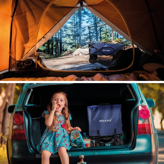 BRASQ Chariot pliable - 100 litres - Capacité 80 KG - Roues pivotantes avec frein - 90x51x100 CM - Poignée réglable - Chariot pliable - Compact - Bleu