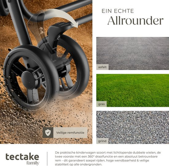 tectake® Buggy - Poussette - Pliable, harnais 5 points, dossier et repose-jambes réglables - Avec frein, roues à roulement souple - Panier de rangement pratique - Noir/gris