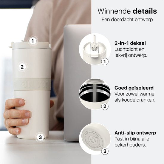 ONYX Bouteille à boire avec paille 700ML - Bouteille d'eau pour enfants et adultes - Mug Thermos Mug de voyage en acier inoxydable - Buvette de motivation - Tasse à boire pour l'école - Coco White