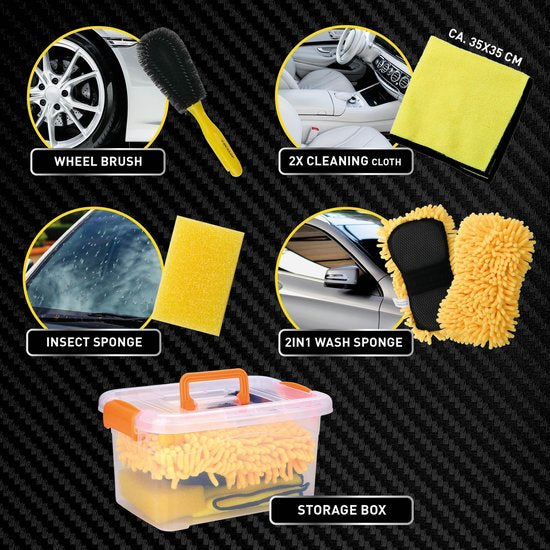 Dunlop Car Wash Set - Brosse à jantes - Brosse de lavage - Éponge de lavage - Dans une boîte de rangement