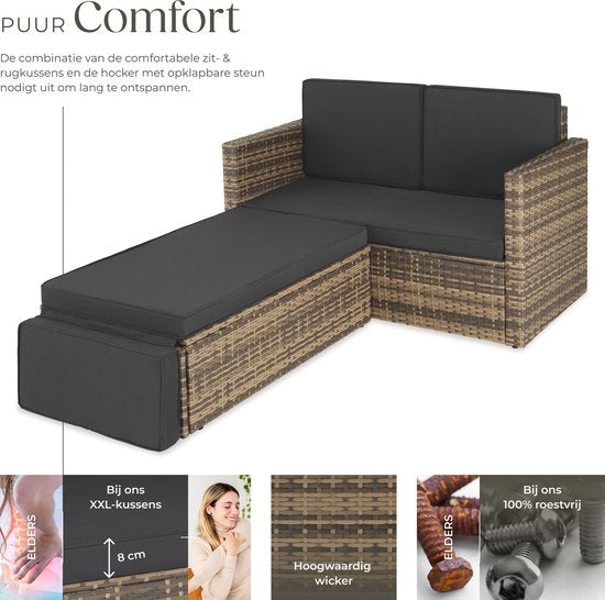 tectake® Canapé de salon en osier - Avec ottoman - Pour 2 personnes - Canapé de salon avec coussins d'assise et de dossier - Résistant aux intempéries - Idéal pour terrasse, jardin d'hiver et balcon - Dimensions canapé (LxLxH) 119 x 64,5 x 71,5 cm - Natur