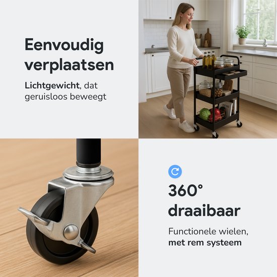 Chariot de cuisine avec tiroir sur roulettes - 3 étages - Étagère de cuisine - Chariot de service - Armoire - Chariot - Rangement - Armoires de douche sur pied - Étagère - Noir - Luft