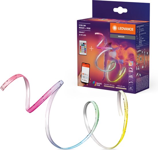 LEDVANCE Bande lumineuse à LED SMART WIFI, télécommande incluse, avec contrôle des couleurs MAGIC RGB, technologie COB pour un effet lumineux homogène, 22 W, longueur 3 m, pour l'intérieur, LED non remplaçables