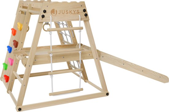 Juskys - Cadre d'escalade d'intérieur pour enfants - 102 x 98 x 100 cm & avec toboggan et mur d'escalade - équipé d'anneaux tournants et d'une échelle de corde - pliable et autoportant - bois naturel et fourré