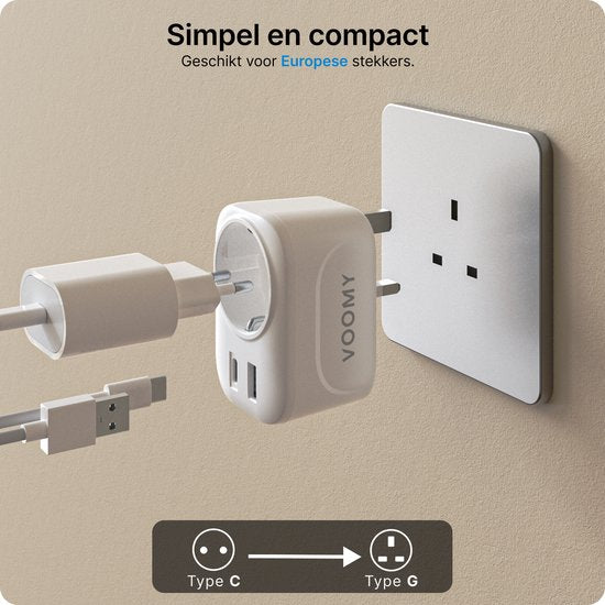 Voomy Travel plug UK/UK - USB-C & USB-A - Prise mondiale de type G - Blanc