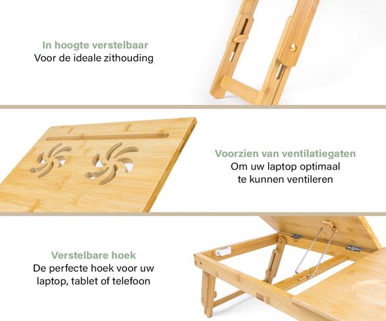 Budu Table pour ordinateur portable - Table de lit - Table de canapé - Table pour ordinateur portable réglable - Table pour ordinateur portable en bois de bambou - Support pour ordinateur portable - Table pour petit déjeuner - Petit déjeuner au lit