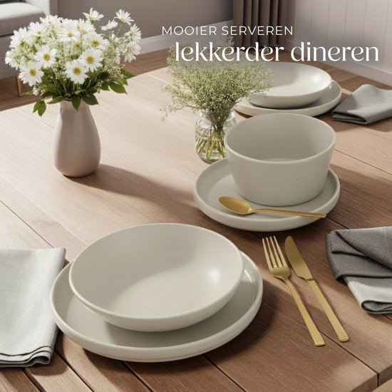 tectake® Service de vaisselle Una - 24 pièces - Faïence - 6 personnes - Service de vaisselle élégant et durable - Ensemble d'assiettes avec grandes et petites assiettes, bols, coupes - Taupe