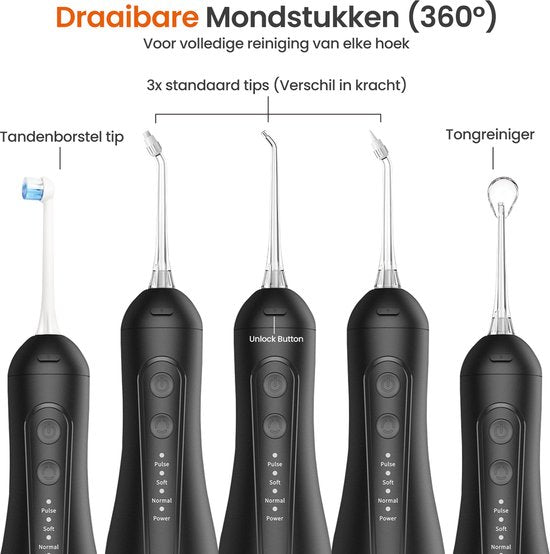 Fil dentaire Goliving - 5 accessoires - 4 supports - sac de voyage inclus - bain de bouche 300 ml - Fil dentaire électrique - sans fil et rechargeable par USB - noir