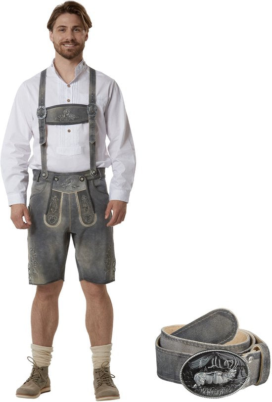 dressforfun - Authentique Lederhosen courte Joshua - Avec ceinture et bretelles - Cuir véritable - Couleur sable - 50 - Oktoberfest Dress Man - Costume d'homme - Dress Up - Costume allemand - Robe de carnaval - Gilet de costume - Pantalon traditionnel en