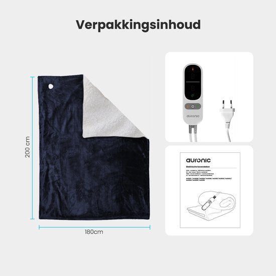 Couverture électrique Auronic - Couverture chauffante - Polaire Sherpa - 9 niveaux de chaleur et minuterie - Couverture - 200x180 - 2 personnes - Bleu