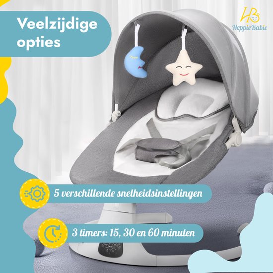 HeppieBabie Balançoire électrique - Options de musique et de balancement - Ceinture de sécurité à 5 points - Balançoire pour bébé - Balançoire pour bébé - Avec Ebook