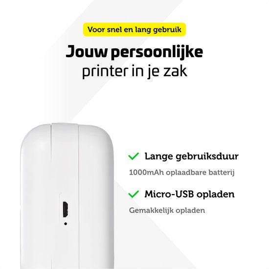 Garpex® Mini imprimante pour mobile - Imprimante de poche - Mini imprimante photo haut de gamme - Imprimante portable pour smartphone - Imprimante photo mobile - Imprimante d'autocollants - Blanc - 5 rouleaux de papier adhésif + 5 rouleaux de papier blanc
