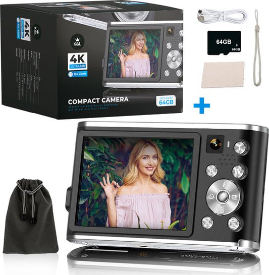 K&L Digital Camera 4K - Appareil photo - Caméra photo - Caméra compacte - Caméra Vlog - Pour les enfants - 64GB inclus - NL Software