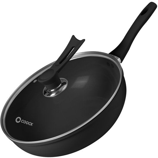 COOCK Poêle Wok Induction 32cm - Revêtement spécial antiadhésif - Poêle à frire avec couvercle - Aluminium recyclé - Noir - Livré avec E-book