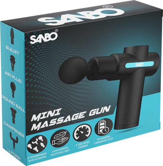 Sanbo Massage Gun Mini Gen 2 - Avec 5 accessoires et 6 étapes - Appareil de massage sportif et relaxant - Pistolet de massage - Professionnel - Noir