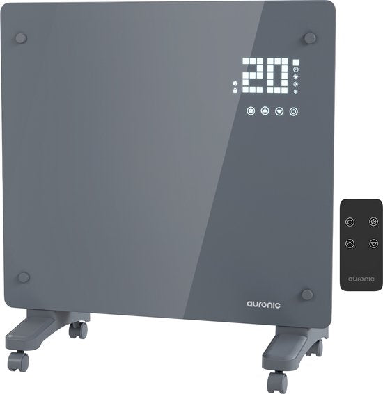 Radiateur électrique Auronic - Radiateur à convection avec thermostat et télécommande - Radiateur à panneau en verre - Radiateur 1000 W - Gris