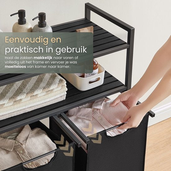 O'DADDY® Panier à linge avec 2 compartiments et 2 étagères - 76 litres - Trieur de linge coulissant - Organisateur de linge - Panier à linge - Boîte à linge - Double panier à linge - Noir/Marron