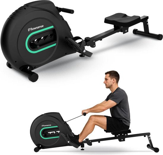 Rameur Flowsense Elvora Lite - pliable - Résistance élastique - Affichage LCD - Silencieux et compact - Pour utilisateurs jusqu'à 200 cm / 115 kg - noir