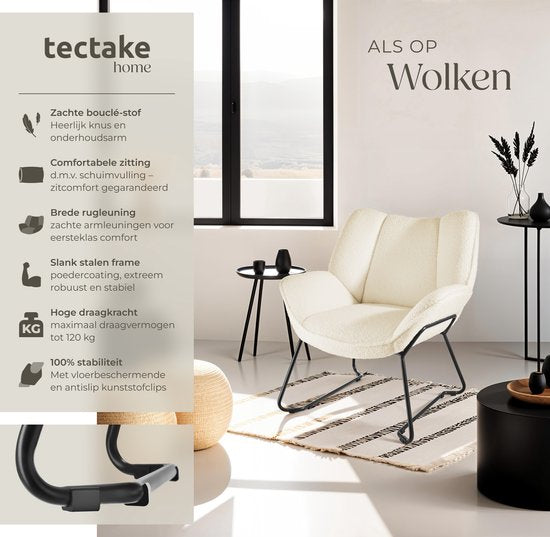 tectake® Chaise longue - Fauteuil relax rond - Fauteuil Teddy - Chaise tapissée - Revêtement bouclé - Fauteuil de lecture en peluche - Style scandinave - blanc crème