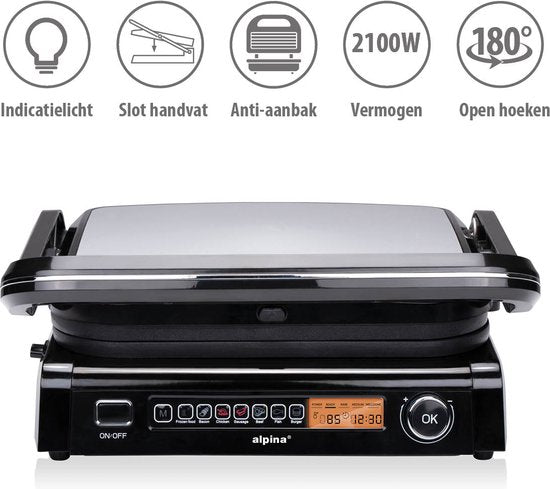 alpina Contact Grill 2100W - Appareil à sandwich avec 7 supports de gril - Gril de table avec plaques amovibles - Gril à panini 37,6 x 33,1 cm - Revêtement antiadhésif - acier inoxydable/Aluminium